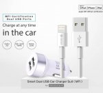 Devia Dual USB Smart Charger MFI Lightning Suit - зарядно за кола с 2xUSB изхода и Lightning кабел за iPhone, iPad и iPod (бял) 2