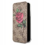 Guess Flower Desire Book Case - дизайнерски кожен калъф, тип портфейл за iPhone XS, iPhone X (кафяв) 1
