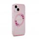 Guess Flowers Ring Glossy Logo MagSafe Case - хибриден удароустойчив кейс с MagSafe за iPhone 15 (розов-прозрачен) 3