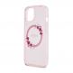Guess Flowers Ring Glossy Logo MagSafe Case - хибриден удароустойчив кейс с MagSafe за iPhone 15 (розов-прозрачен) 4