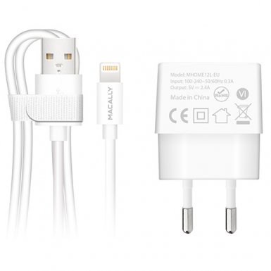Macally 12W Wall Charger - захранване за ел. мрежа с USB изход и Lightning кабел за iPhone, iPad и устройства с Lightning порт