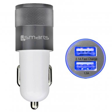 4smarts Hybrid In-Car Metal Charger 3.1A - качествено алуминиево зарядно за кола (3.1 Ампера) с 2 USB изхода за смартфони и таблети (бял-сив)