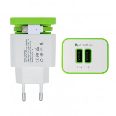 4smarts Wall Stand Charger 5.2A - USB захранване с вграден MicroUSB кабел и 2 USB изхода (бял-зелен) | Marovski 4smarts Wall Stand Charger 5.2A - USB захранване с вграден MicroUSB кабел и 2 USB изхода (бял-зелен)