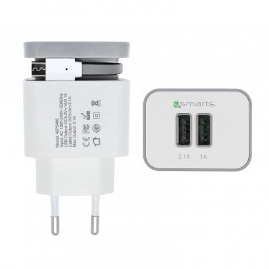 4smarts Wall Stand Charger 5.2A - USB захранване с вграден MicroUSB кабел и 2 USB изхода (бял-сив)