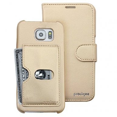 Prodigee Wallegee+ Case - кожен калъф, тип портфейл с отделящ се кейс и поставка за Samsung Galaxy S7 (златист)