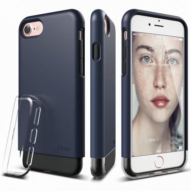 Elago S7 Glide Case + HD Clear Film - поликарбонатов кейс и HD покритие за iPhone 8, iPhone 7 (тъмносин-прозрачен)