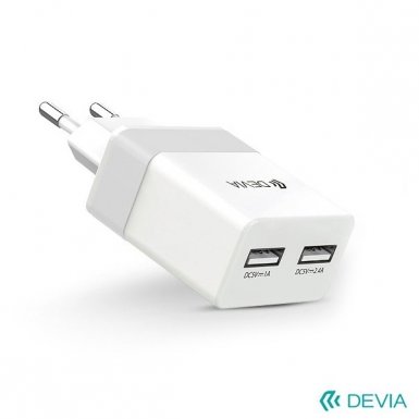 Devia Rockwall 2 Travel Charger EU - захранване за ел. мрежа с 2xUSB изхода (3.4 ампера) (бял)