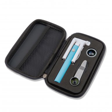 4smarts Set Box HOLIDAY - комплект селфи стик и качествени лещи Fish Eye, Wide Angle и Macro за смартфони и таблети (син-сив)