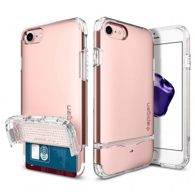Spigen Flip Armor Case - хибриден кейс с отделение за кр. карти и най-висока степен на защита за iPhone 8, iPhone 7 (розово злато)