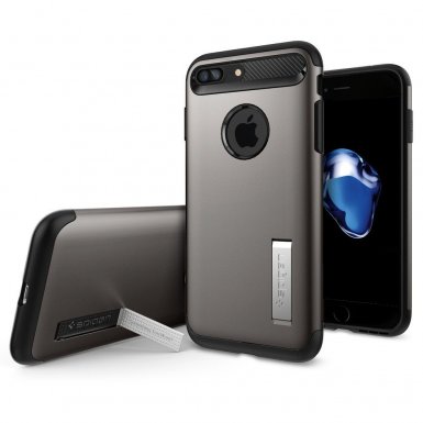 Spigen Slim Armor Case - хибриден кейс с поставка и най-висока степен на защита за iPhone 8 Plus, iPhone 7 Plus (тъмносив)