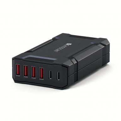 Satechi 60W 6-Port Charger - захранване с 4 USB изхода и 2 х USB-C изхода за мобилни телефони, таблети и MacBook (черен)