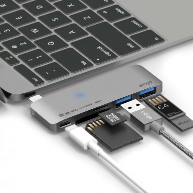 Elago Multi USB-C Hub - USB-C хъб към 2xUSB 3.0, MicroSD, SD и USB-C за MacBook и устройства с USB-C порт (тъмносив)