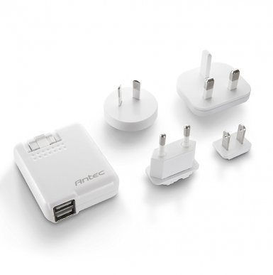 Antec Worldwide Portable 2-Port USB Charger - захранване за ел. мрежа с 2 USB изхода и преходници за цял свят за мобилни устройства