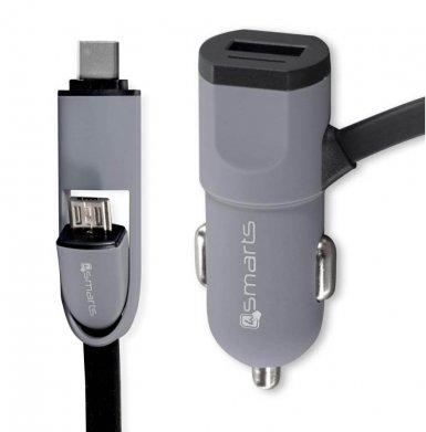 4smarts MultiCord Car Charger 17W, 3.4A MicroUSB + USB-C - зарядно за кола с кабел 0.5м. за microUSB и USB-C стандарти (черен-сив)