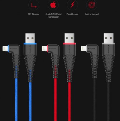 Comma Bingo MFI Angled Cable - изключително здрав и качествен Lightning кабел за iPhone, iPad, iPod (150 см.) (черен)
