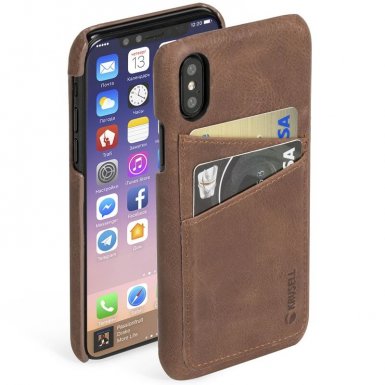 Krusell Sunne 2 Card Cover - кожен кейс (ествествена кожа) с 2 отделения за карти за iPhone XS, iPhone X (кафяв)