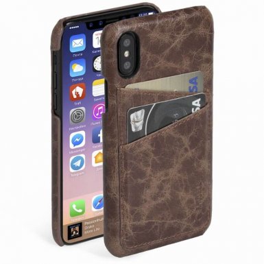 Krusell Tumba 2 Card Cover - кожен кейс (ествествена кожа) с 2 отделения за карти за iPhone XS, iPhone X (кафяв)