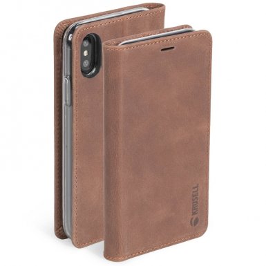 Krusell Sunne Folio Case - кожен калъф (ествествена кожа) тип портфейл за iPhone XS, iPhone X (кафяв)