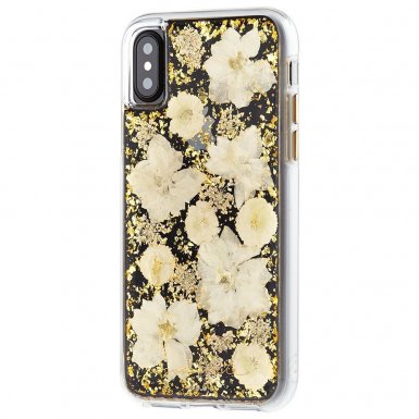 CaseMate Karat Petals Case - дизайнерски кейс с истински цветя и с висока защита за iPhone XS, iPhone X (златист)
