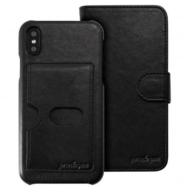 Prodigee Wallegee Case - кожен калъф, тип портфейл с отделящ се кейс и поставка за iPhone XS, iPhone X (черен)