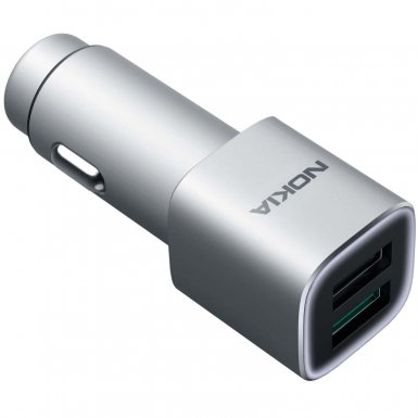 Nokia Double USB Fast Car Charger DC-801- зарядно за кола с технология за бързо зареждане с 2 USB изходa за смартфони, таблети и мобилни устройства (сребрист)