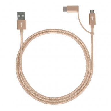 Torrii KeVable 2-in-1 Universal USB Cable (1 meter) - изключително здрав кевларен кабел за устройства с microUSB и USB-C (1 метър) (златист)