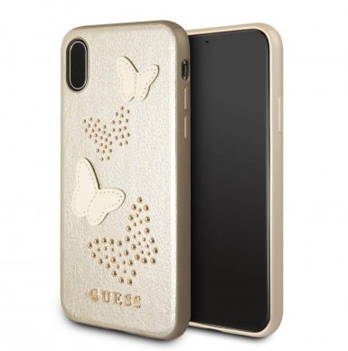 Guess Studs and Sparlkes Butterfies Leather Hard Case - дизайнерски кожен кейс за iPhone XS,iPhone X (златист)