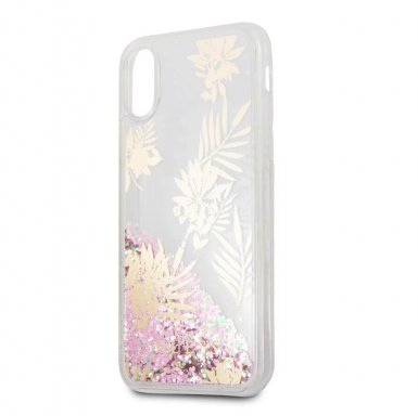 Guess Glitter Palm Spring Hard Case - дизайнерски кейс с висока защита за Apple iPhone XS, iPhone X (златист-прозрачен)