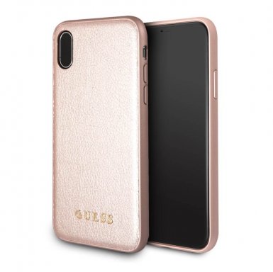 Guess Iridescent Leather Hard Case - дизайнерски кожен кейс за iPhone XS, iPhone X (розово злато)