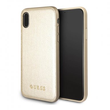 Guess Iridescent Leather Hard Case - дизайнерски кожен кейс за iPhone XS, iPhone X (златист)
