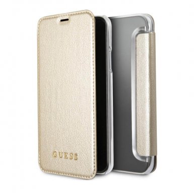 Guess Iridescent Book Case - дизайнерски кожен калъф, тип портфейл за iPhone XS, iPhone X (златист)