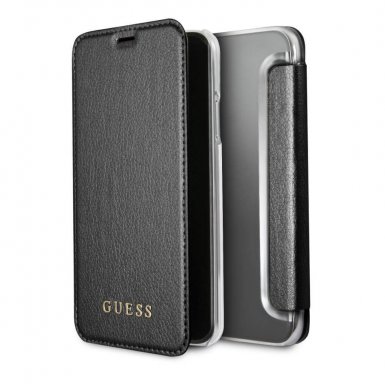 Guess Iridescent Book Case - дизайнерски кожен калъф, тип портфейл за iPhone XS, iPhone X (черен)