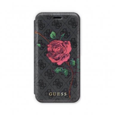 Guess Flower Desire Book Case - дизайнерски кожен калъф, тип портфейл за iPhone XS, iPhone X (сив)
