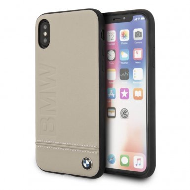 BMW Signature Logo Leather Hard Case - кожен кейс (естествена кожа) за iPhone XS, iPhone X (бежов)