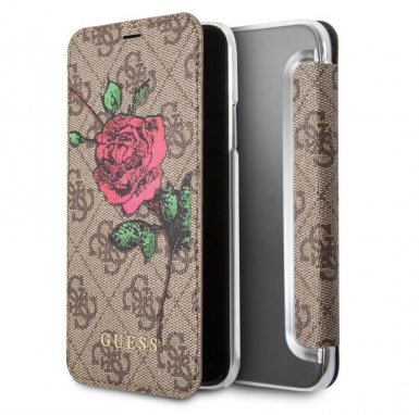 Guess Flower Desire Book Case - дизайнерски кожен калъф, тип портфейл за iPhone XS, iPhone X (кафяв)