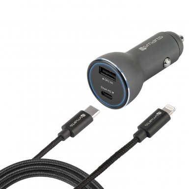 4smarts Fast Car Charger Set - зарядно за кола с USB и USB-C изход и Lightning към USB-C кабел за iPhone, iPad и устройства с Lightning порт (черен)