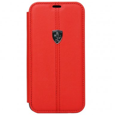 Ferrari Heritage W Genuine Leather Booktype Case - кожен калъф (естествена кожа), тип портфейл за iPhone XS, iPhone X (червен)