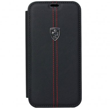 Ferrari Heritage W Genuine Leather Booktype Case - кожен калъф (естествена кожа), тип портфейл за iPhone XS, iPhone X (черен)