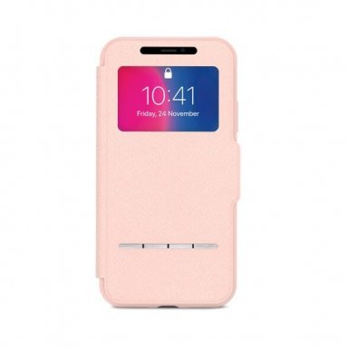 Moshi SenseCover Case - полиуретанов калъф, тип портфейл за iPhone XS, iPhone X (розов)