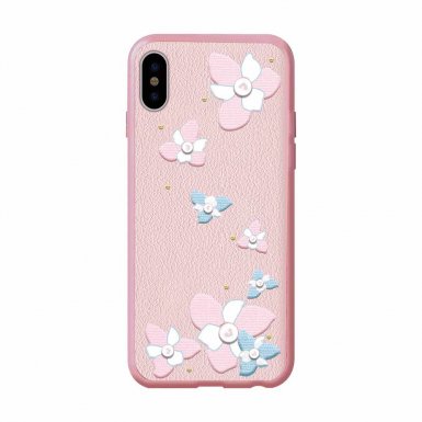 Devia Flower Embroidery Lanya Case - дизайнерски кожен кейс с ръчна бродерия за iPhone XS, iPhone X (розов)