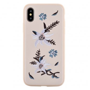 Devia Flower Embroidery Jalam Case - дизайнерски кожен кейс с ръчна бродерия за iPhone XS, iPhone X (бежов)