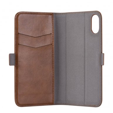 Devia Magic Case - кожен калъф, тип портфейл с отделящ се кейс и поставка за iPhone XS, iPhone X (кафяв)