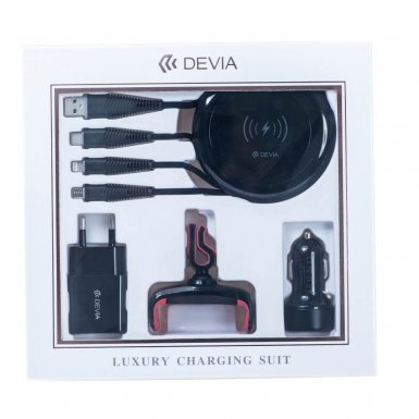 Devia Luxury Charging Suit - комплект зареждащи кабели, пад за безжично зареждане, захранване за ел. мрежа, зарядно и поставка за кола (черен)