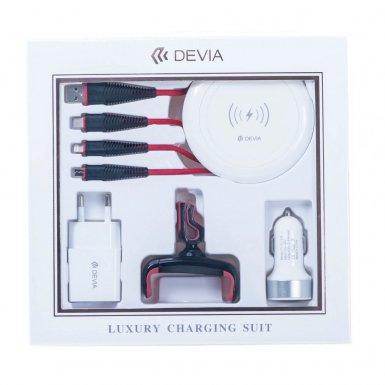 Devia Luxury Charging Suit - комплект зареждащи кабели, пад за безжично зареждане, захранване за ел. мрежа, зарядно и поставка за кола (бял)