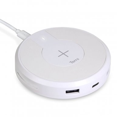 Torrii Bolt Wireless Charging Hub - поставка (пад) за безжично захранване за QI съвместими устройства и зареждане на до още 3 устройства чрез кабел (бял)