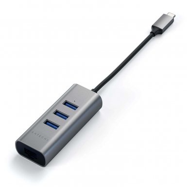Satechi USB-C 2-in-1 Ethernet & USB Hub - 3-портов USB хъб и Gigabit Ethernet порт за MacBook и устройства с USB-C (тъмносив)