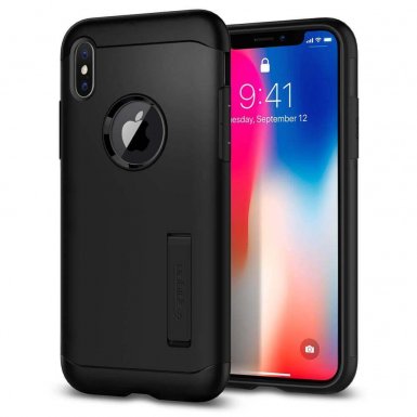 Spigen Slim Armor Case - хибриден кейс с поставка и най-висока степен на защита за iPhone XS, iPhone X (черен)