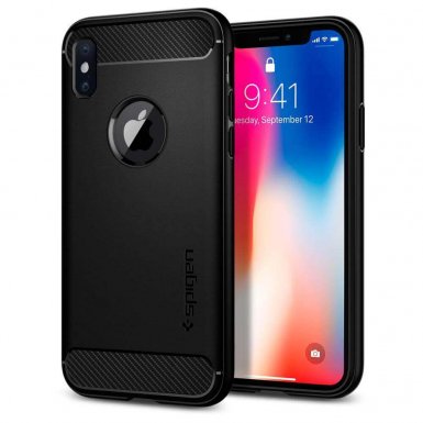 Spigen Rugged Armor Case - термополиуретанов кейс с най-висока степен на защита за iPhone XS, iPhone X (черен-мат)