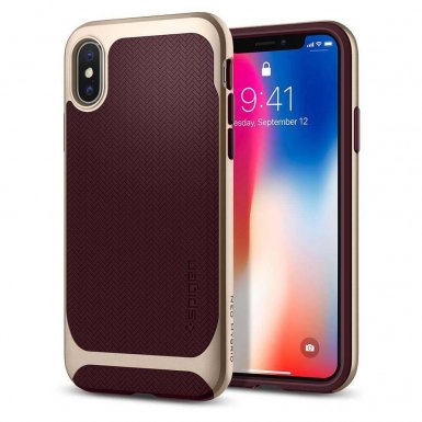 Spigen Neo Hybrid Case - хибриден кейс с висока степен на защита за iPhone XS, iPhone X (тъмночервен-златист)