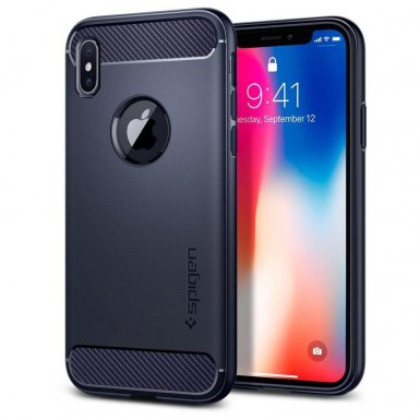 Spigen Rugged Armor Case - термополиуретанов кейс с най-висока степен на защита за iPhone XS, iPhone X (тъмносин)